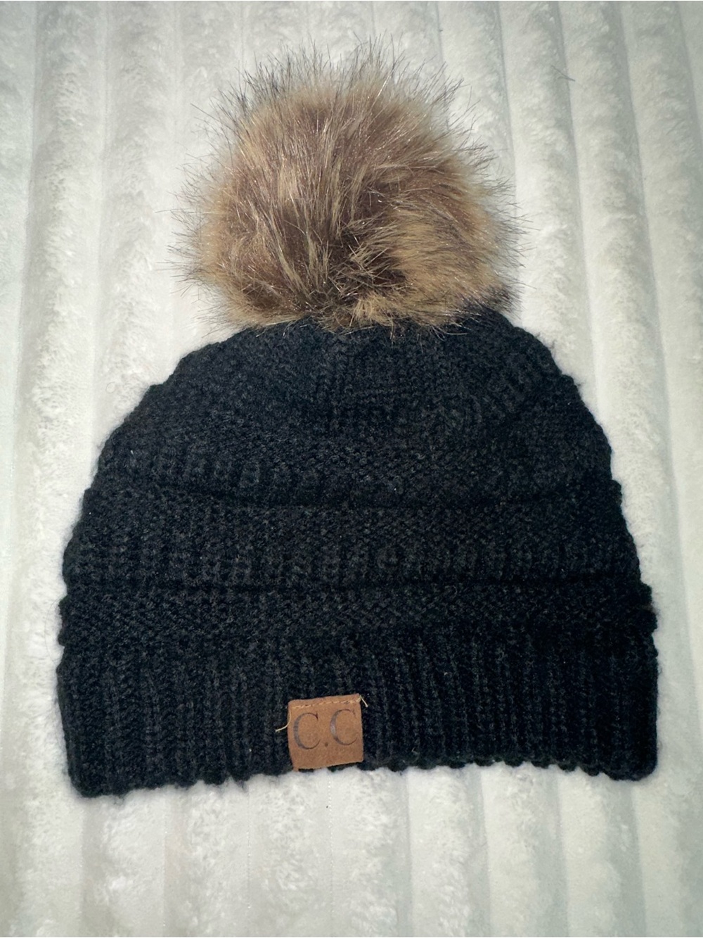 C.C Black Knit Beanie with Brown Faux Fur Pom